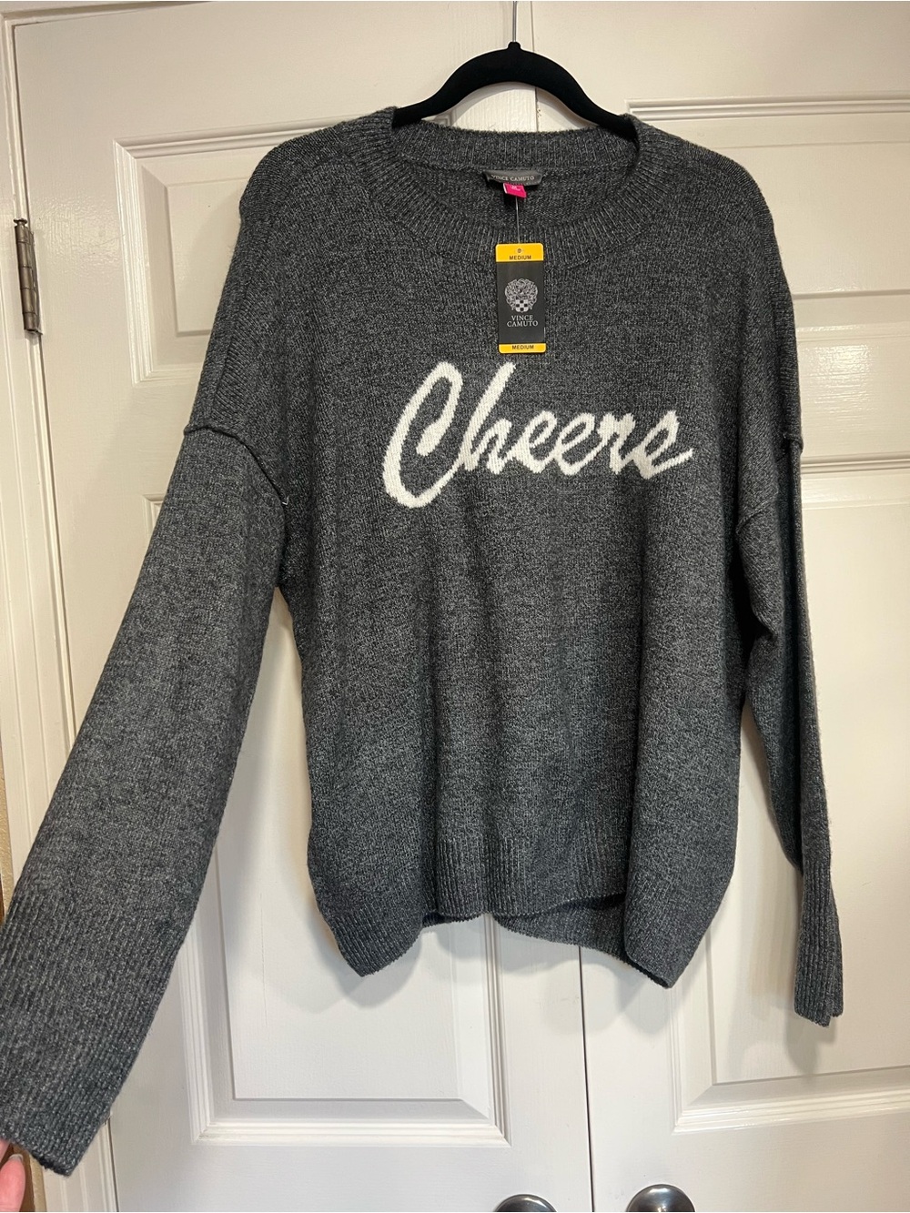 Vince Camuto Gray Crewneck Sweater with White "Cheers" Script Size Medium NWT